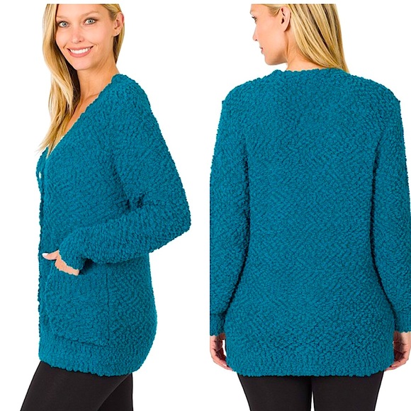Teal Popcorn Knit Button Down Cardigan Sweater - Picture 2 of 5